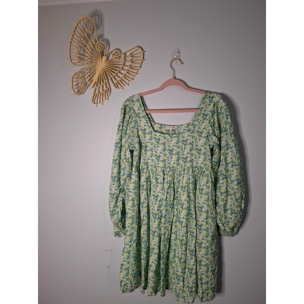 Moon River Green Floral Square Neck Puff Sleeve Mini Babydoll Dress Small